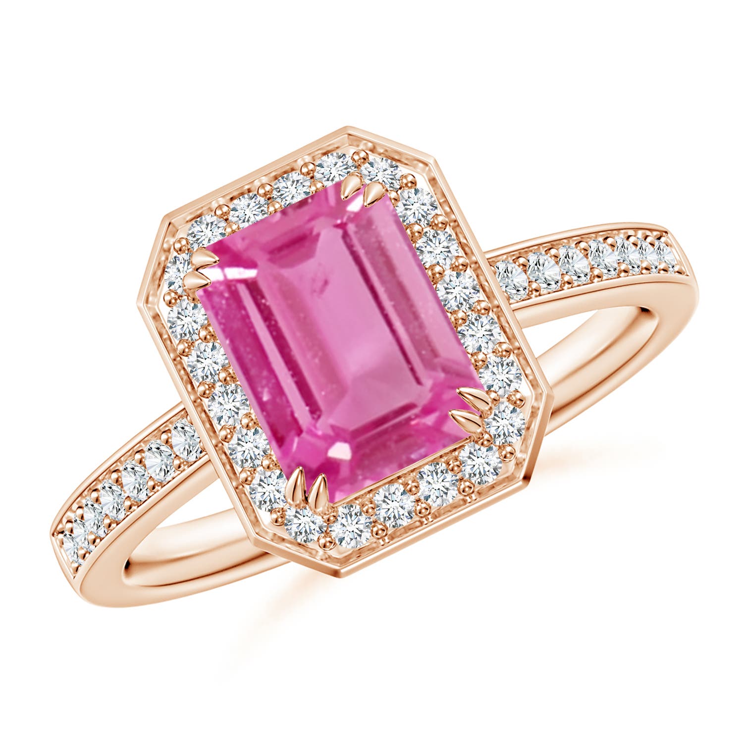 8x6mm AAA Emerald-Cut Pink Sapphire Engagement Ring with Diamond Halo in 18CT Rose Gold