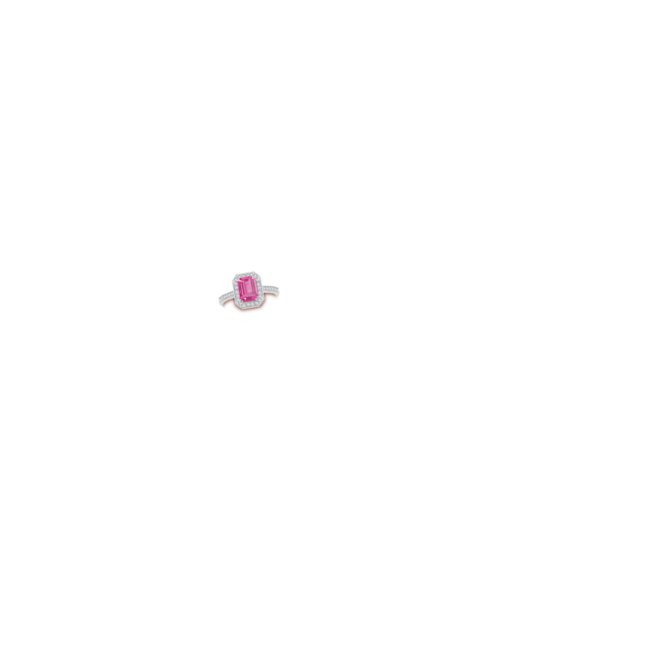 8x6mm AAA Emerald-Cut Pink Sapphire Engagement Ring with Diamond Halo in P950 Platinum hand