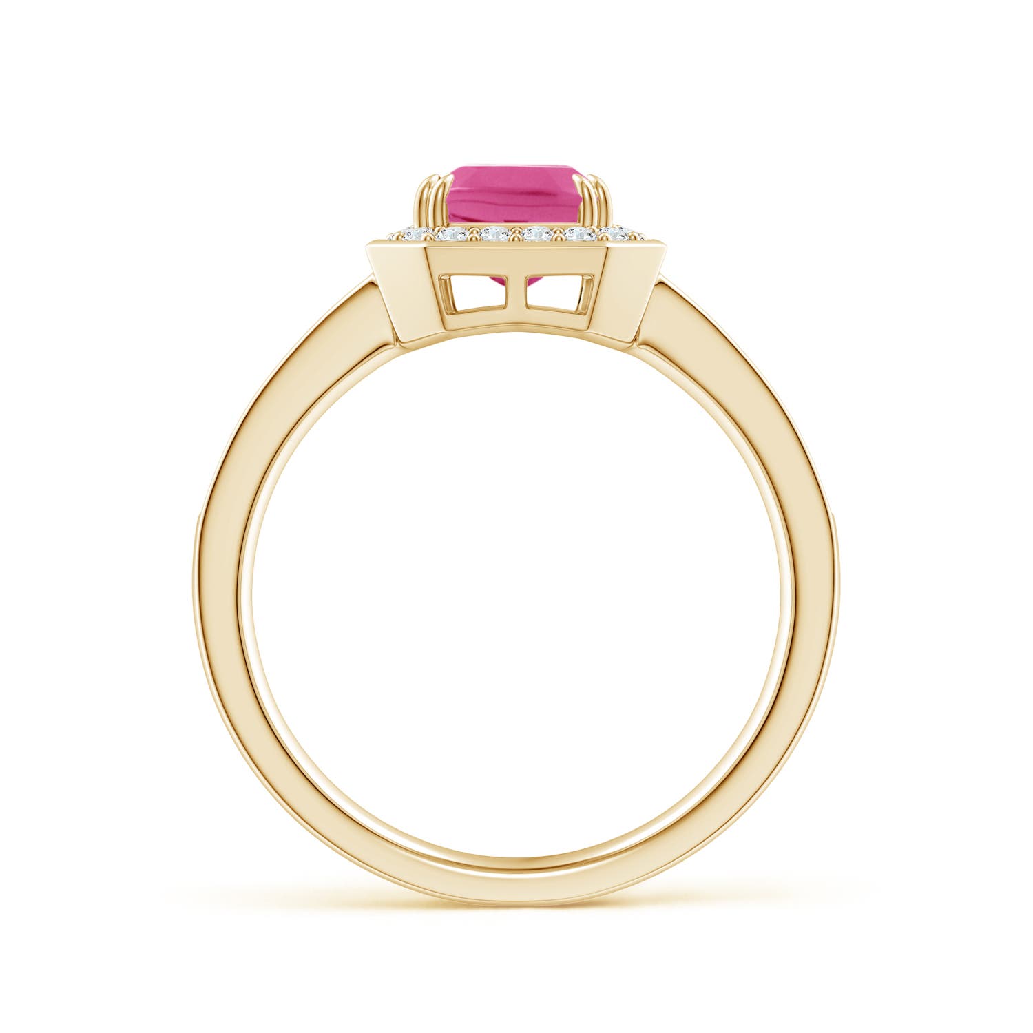 8x6mm AAA Emerald-Cut Pink Sapphire Engagement Ring with Diamond Halo in Yellow Gold - side 3