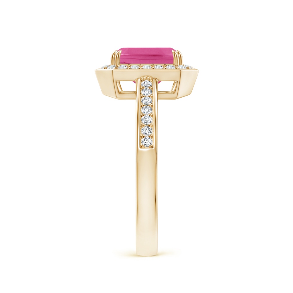 8x6mm AAA Emerald-Cut Pink Sapphire Engagement Ring with Diamond Halo in Yellow Gold Side-2