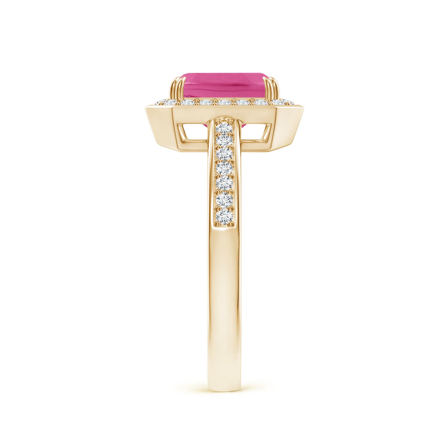 8x6mm AAA Emerald-Cut Pink Sapphire Engagement Ring with Diamond Halo in Yellow Gold - side 5
