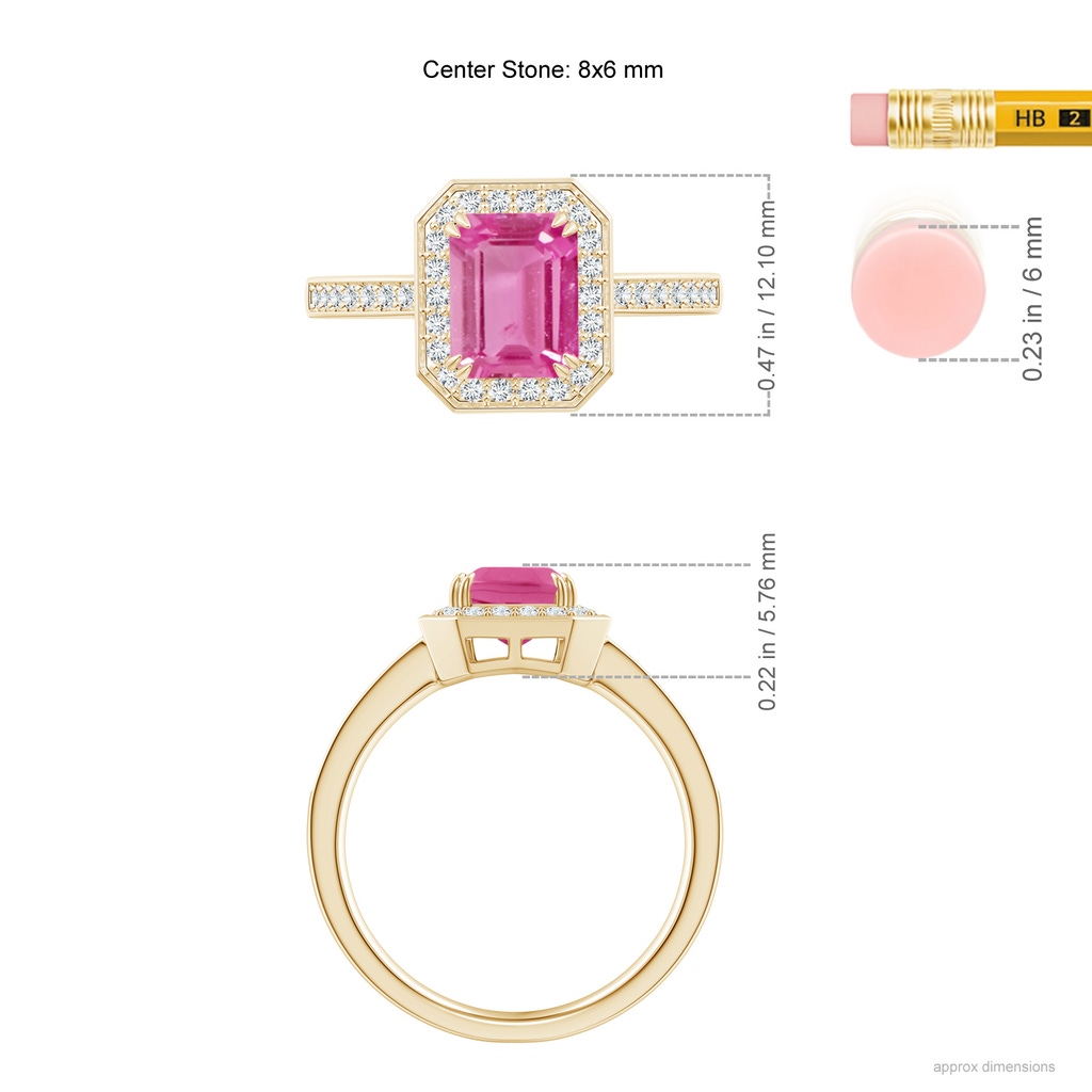 8x6mm AAA Emerald-Cut Pink Sapphire Engagement Ring with Diamond Halo in Yellow Gold Ruler