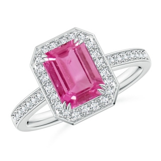 8x6mm AAAA Emerald-Cut Pink Sapphire Engagement Ring with Diamond Halo in P950 Platinum