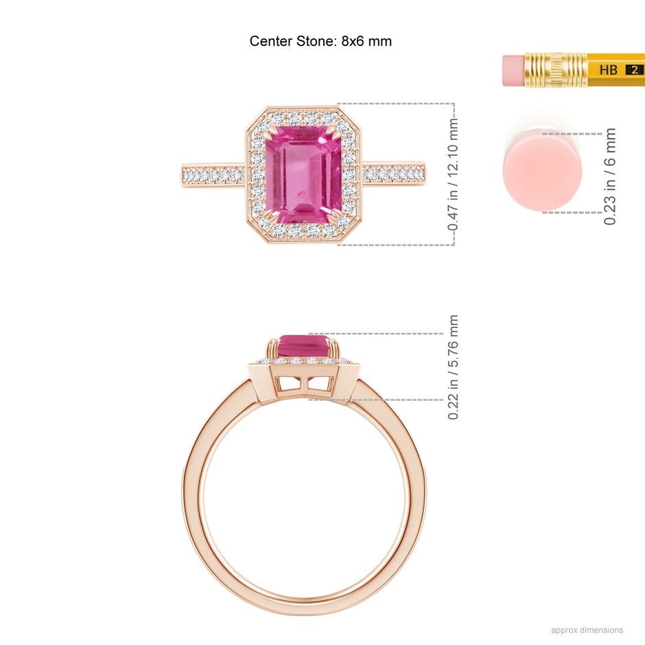 8x6mm AAAA Emerald-Cut Pink Sapphire Engagement Ring with Diamond Halo in Rose Gold ruler