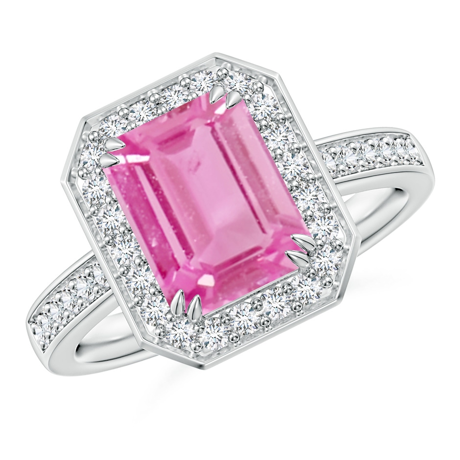 9x7mm AA Emerald-Cut Pink Sapphire Engagement Ring with Diamond Halo in P950 Platinum 