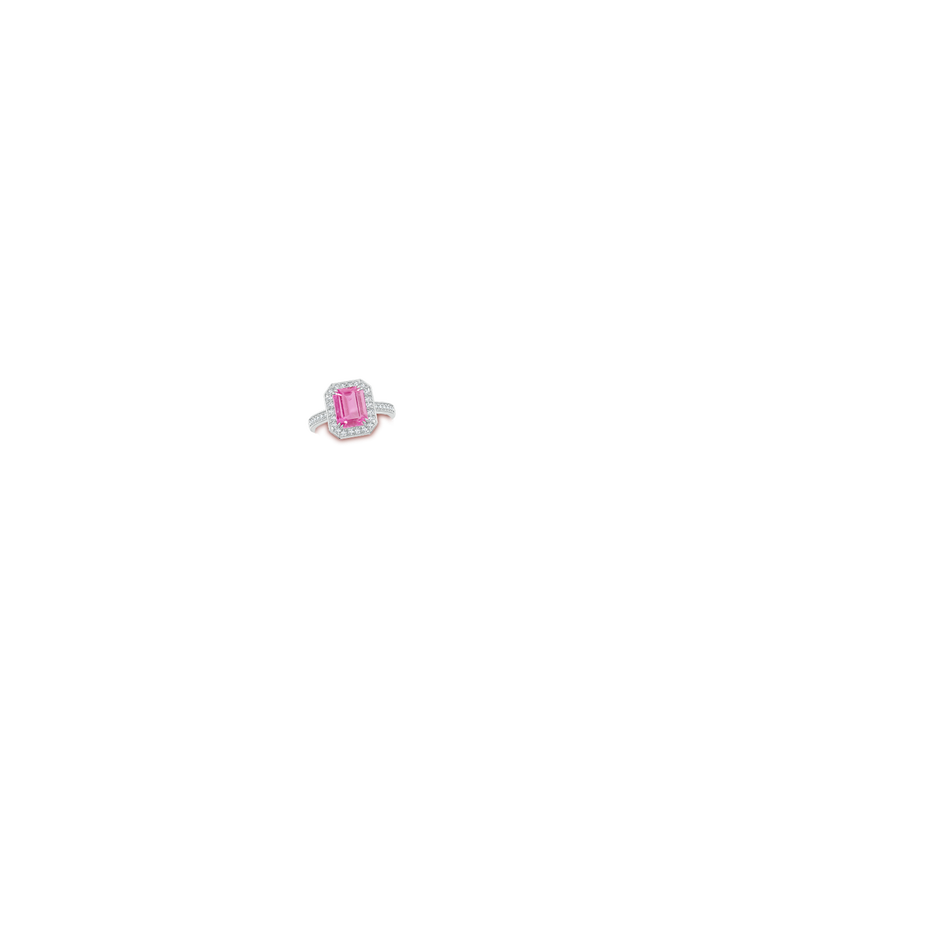 9x7mm AA Emerald-Cut Pink Sapphire Engagement Ring with Diamond Halo in P950 Platinum hand