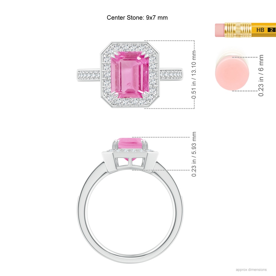 9x7mm AA Emerald-Cut Pink Sapphire Engagement Ring with Diamond Halo in P950 Platinum ruler