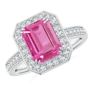9x7mm AAA Emerald-Cut Pink Sapphire Engagement Ring with Diamond Halo in P950 Platinum