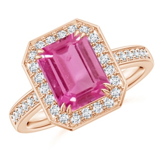 9x7mm AAAA Emerald-Cut Pink Sapphire Engagement Ring with Diamond Halo in 9K Rose Gold