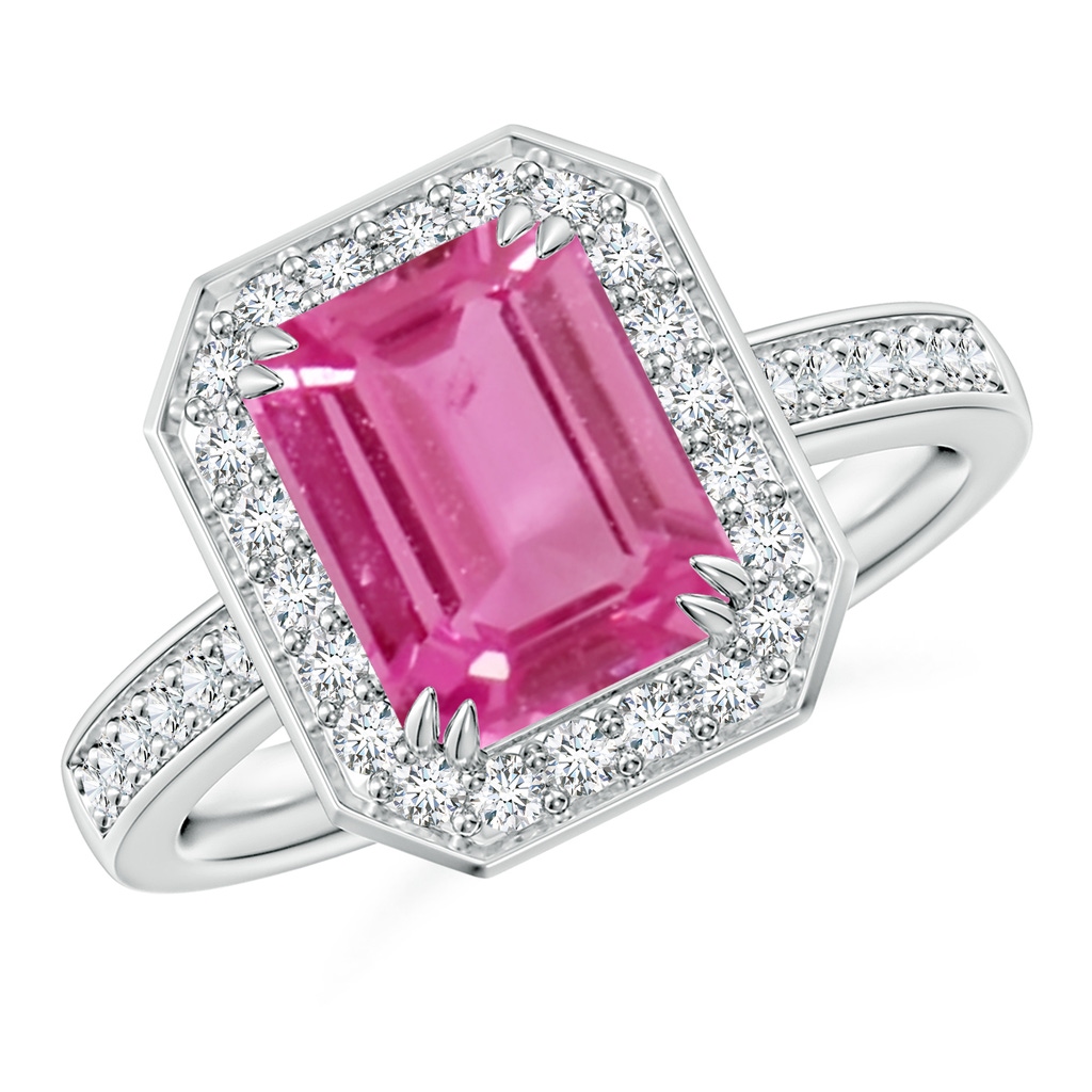 9x7mm AAAA Emerald-Cut Pink Sapphire Engagement Ring with Diamond Halo in White Gold 