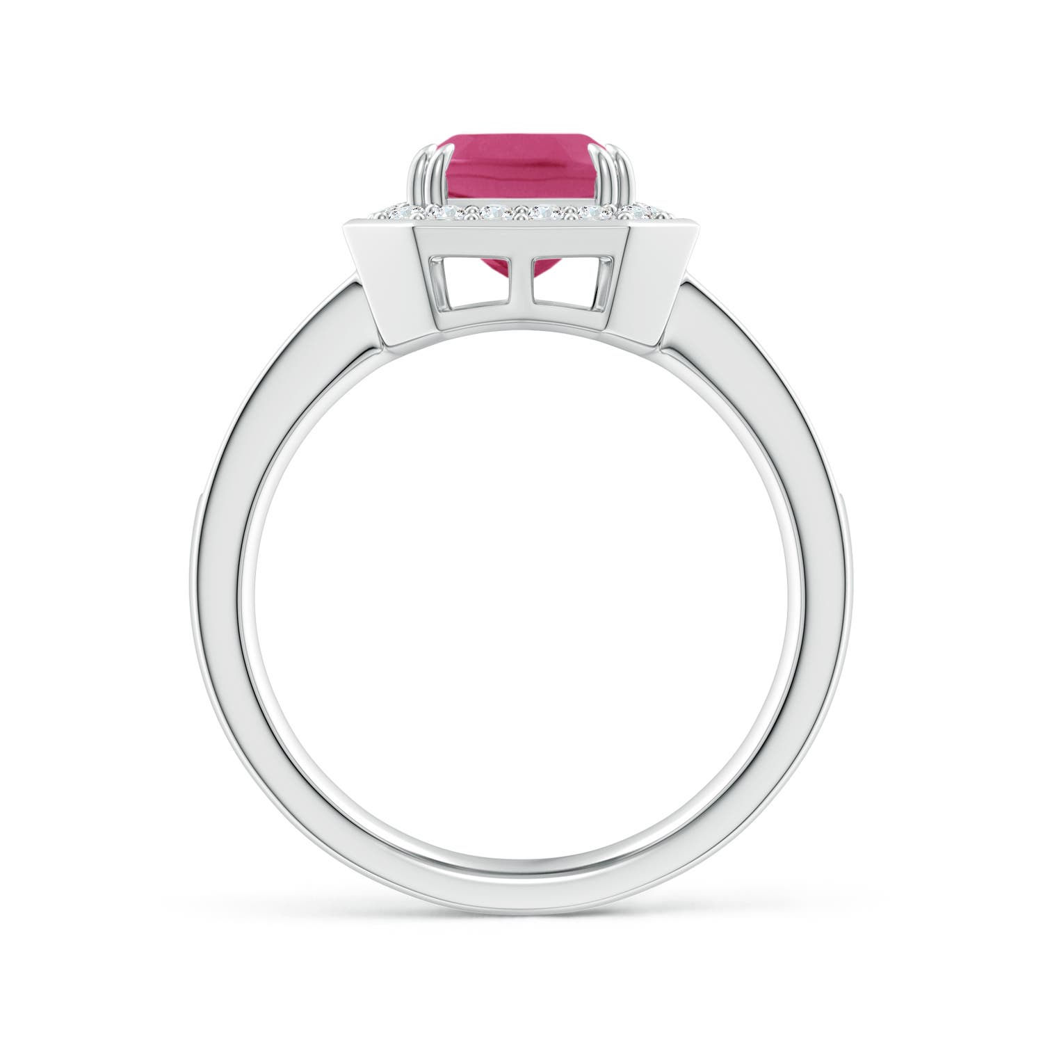 9x7mm AAAA Emerald-Cut Pink Sapphire Engagement Ring with Diamond Halo in White Gold - side 3