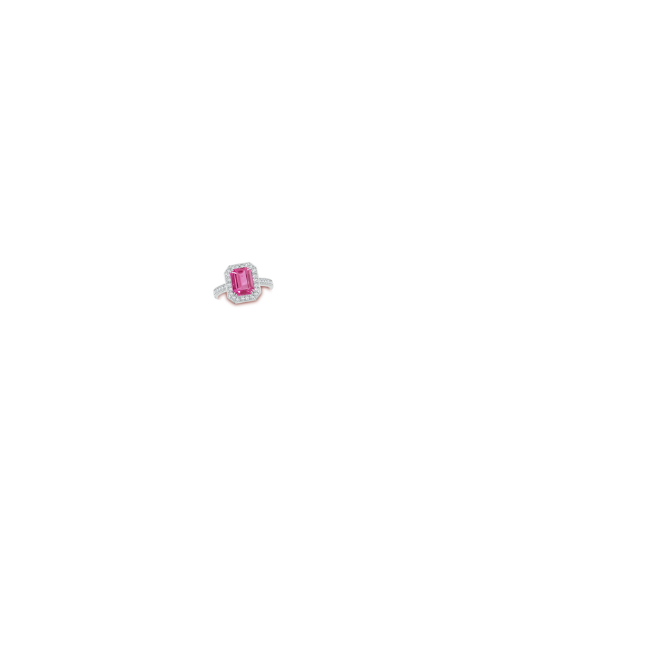 9x7mm AAAA Emerald-Cut Pink Sapphire Engagement Ring with Diamond Halo in White Gold hand