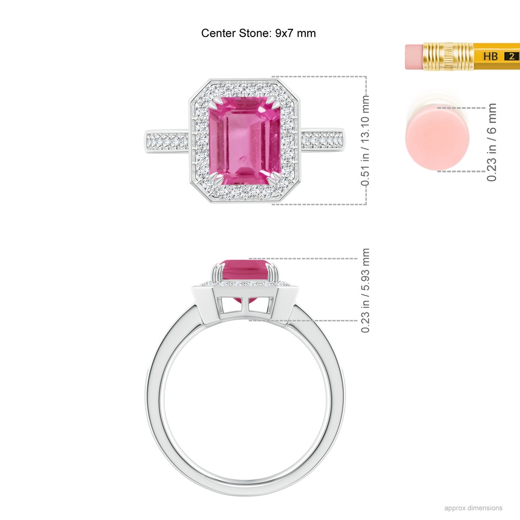 9x7mm AAAA Emerald-Cut Pink Sapphire Engagement Ring with Diamond Halo in White Gold Ruler