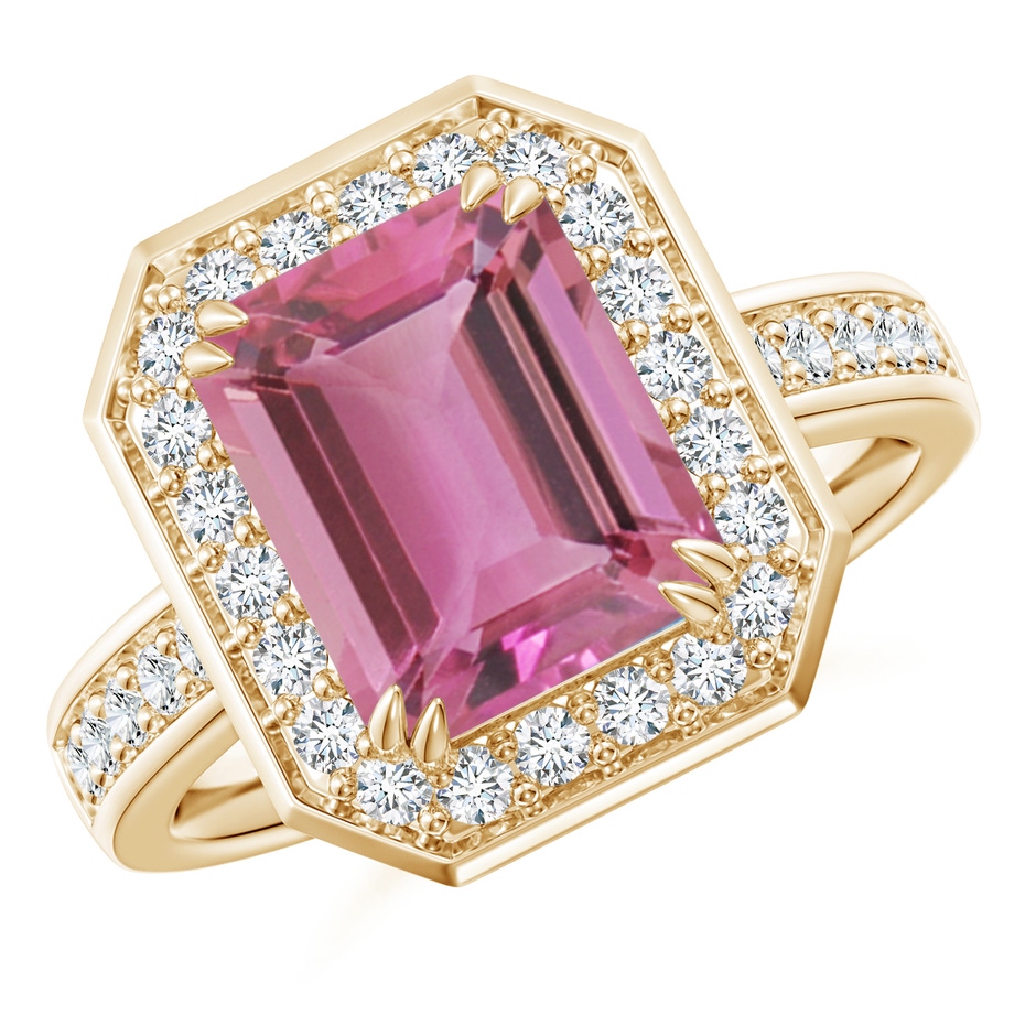 10x8mm AAA Emerald-Cut Pink Tourmaline Engagement Ring with Diamond Halo in 18K Yellow Gold 