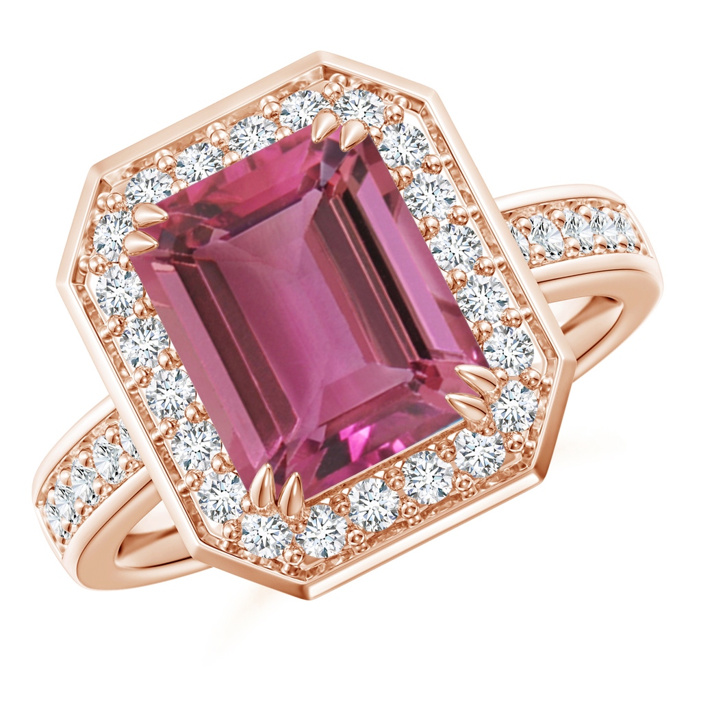 10x8mm AAAA Emerald-Cut Pink Tourmaline Engagement Ring with Diamond Halo in Rose Gold