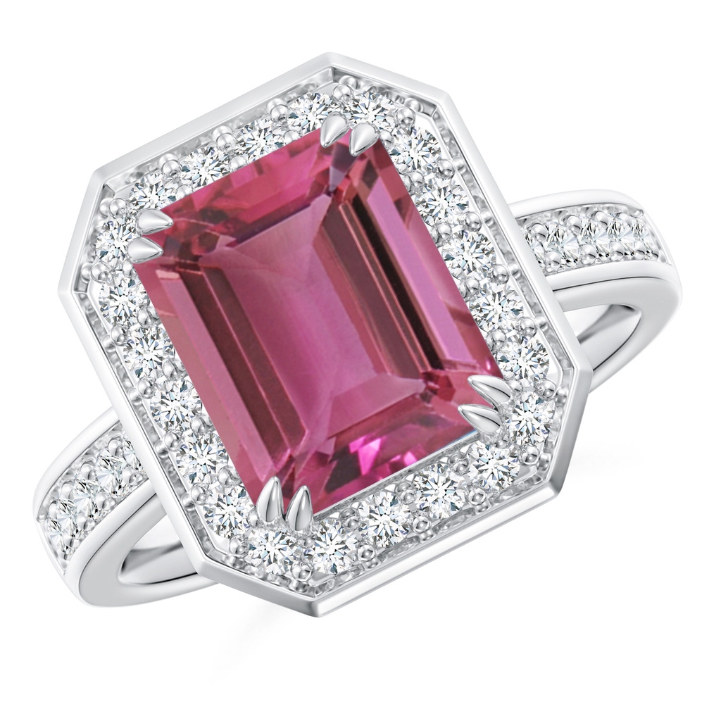 10x8mm AAAA Emerald-Cut Pink Tourmaline Engagement Ring with Diamond Halo in White Gold