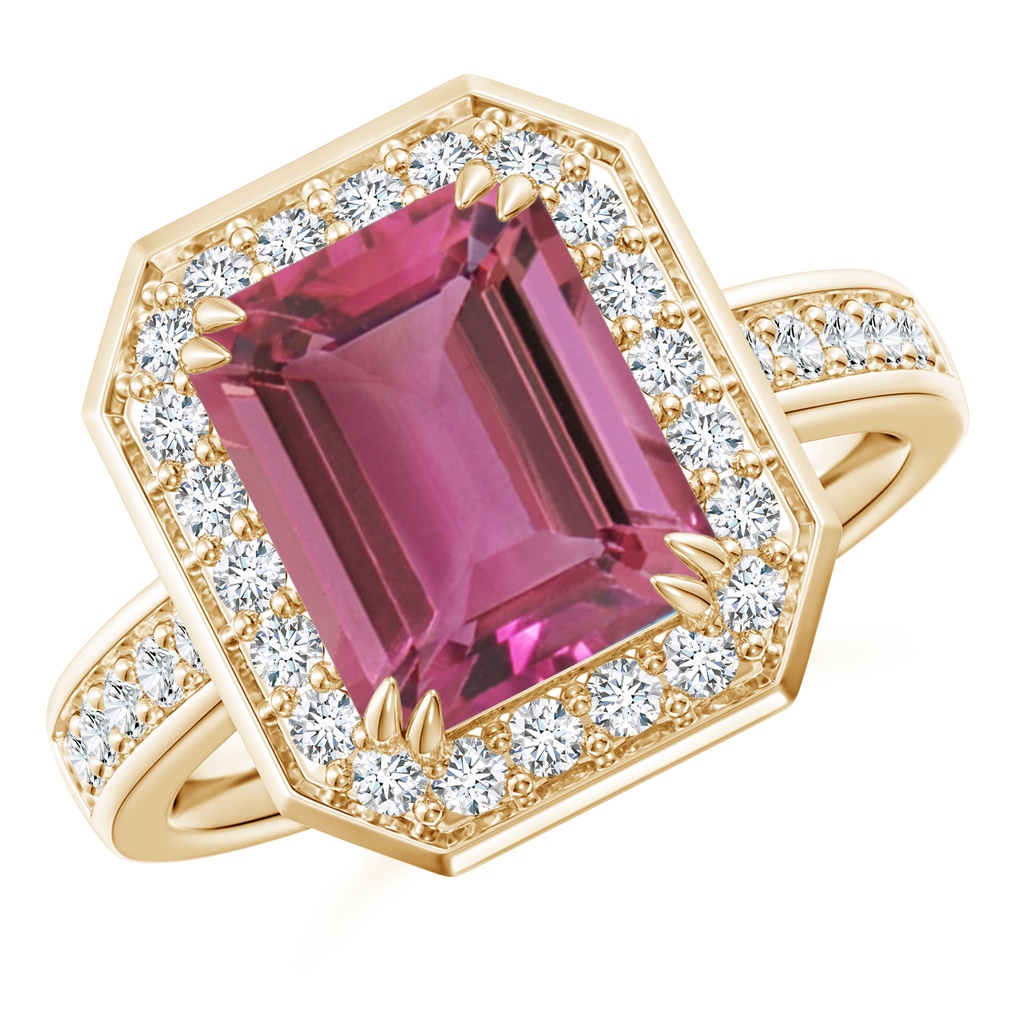 10x8mm AAAA Emerald-Cut Pink Tourmaline Engagement Ring with Diamond Halo in Yellow Gold