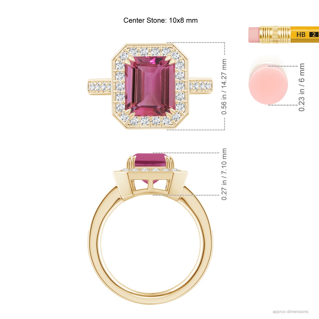10x8mm AAAA Emerald-Cut Pink Tourmaline Engagement Ring with Diamond Halo in Yellow Gold Ruler