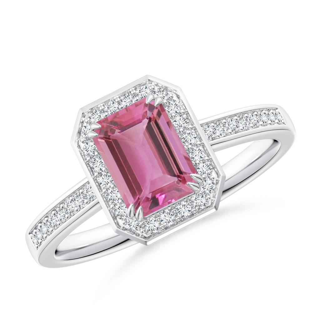 7x5mm AAA Emerald-Cut Pink Tourmaline Engagement Ring with Diamond Halo in White Gold