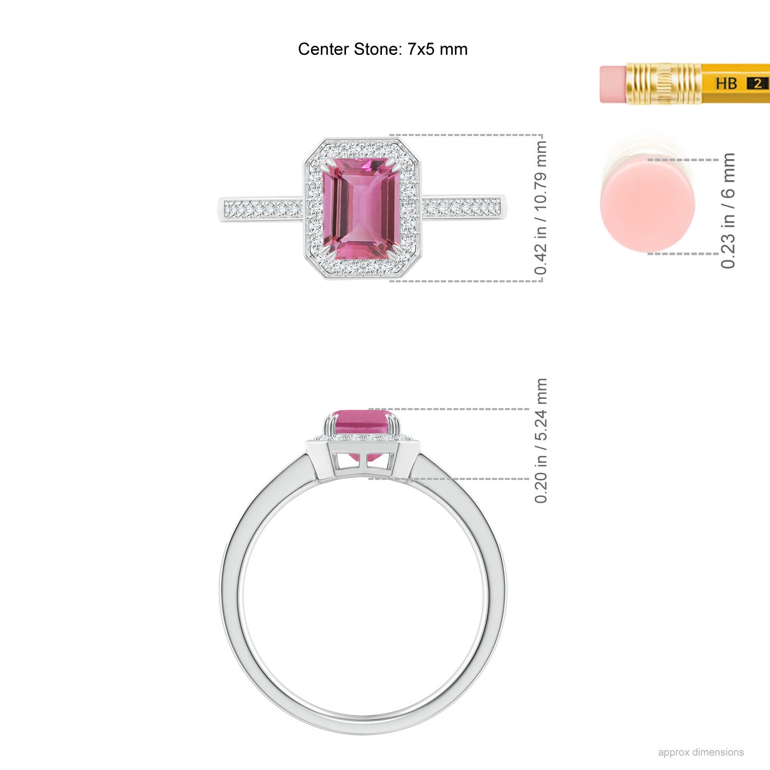 7x5mm AAA Emerald-Cut Pink Tourmaline Engagement Ring with Diamond Halo in White Gold - ruler
