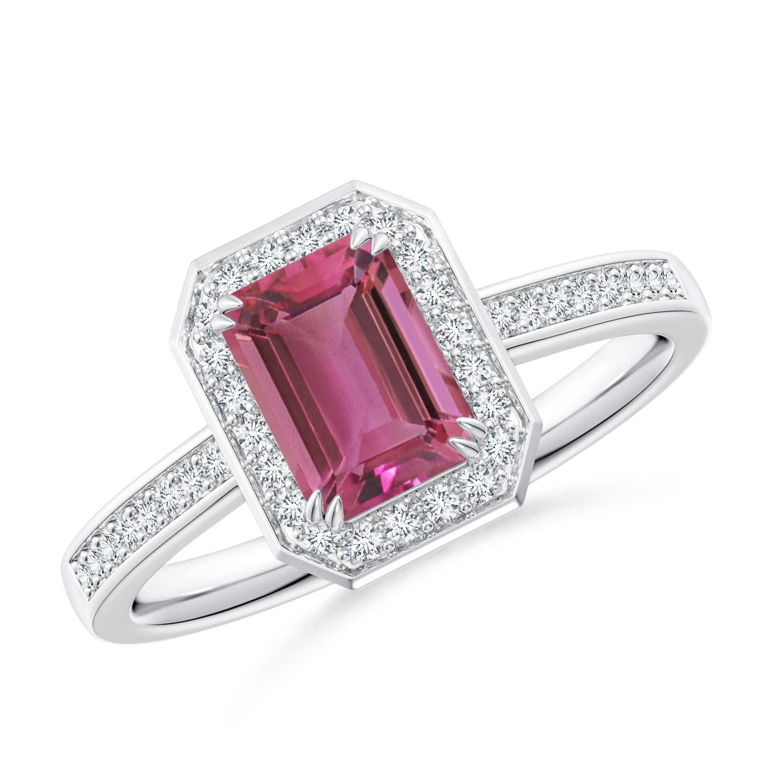 7x5mm AAAA Emerald-Cut Pink Tourmaline Engagement Ring with Diamond Halo in P950 Platinum