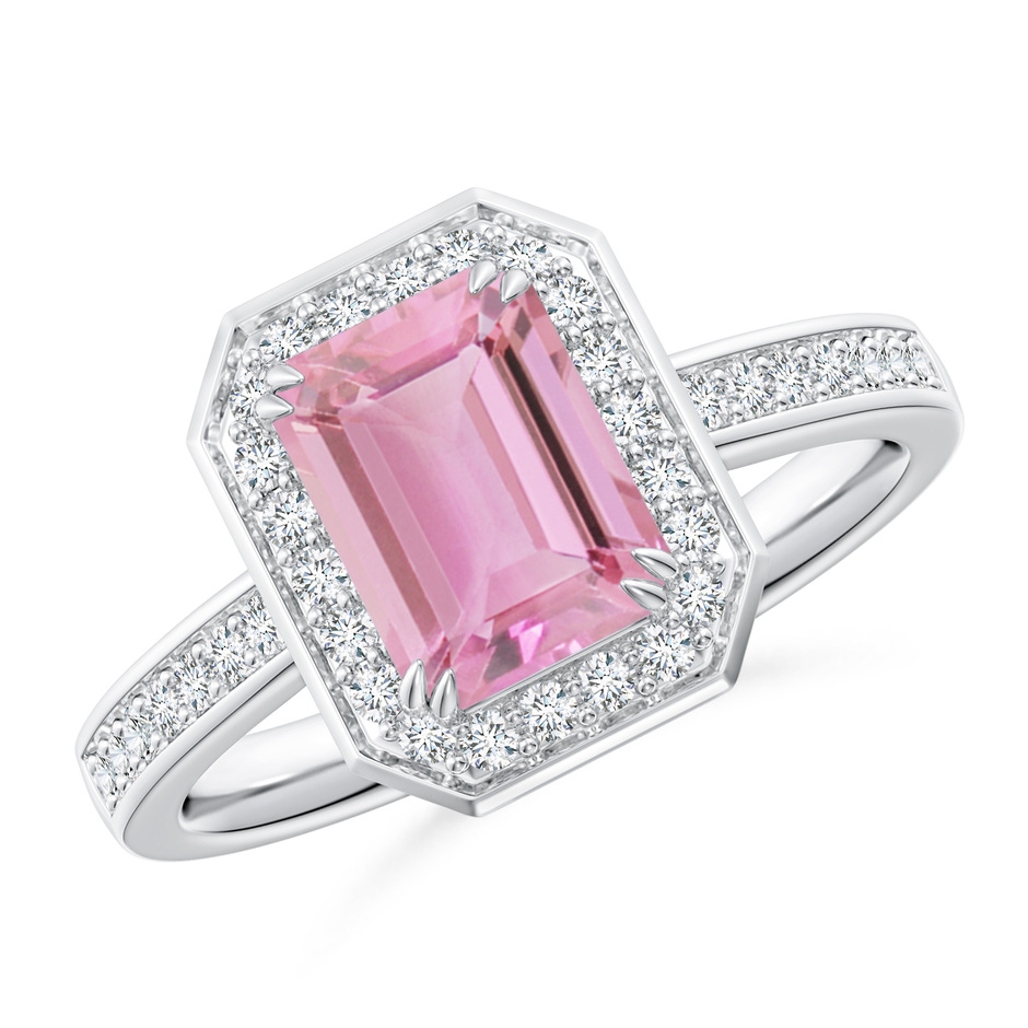 8x6mm A Emerald-Cut Pink Tourmaline Engagement Ring with Diamond Halo in White Gold 