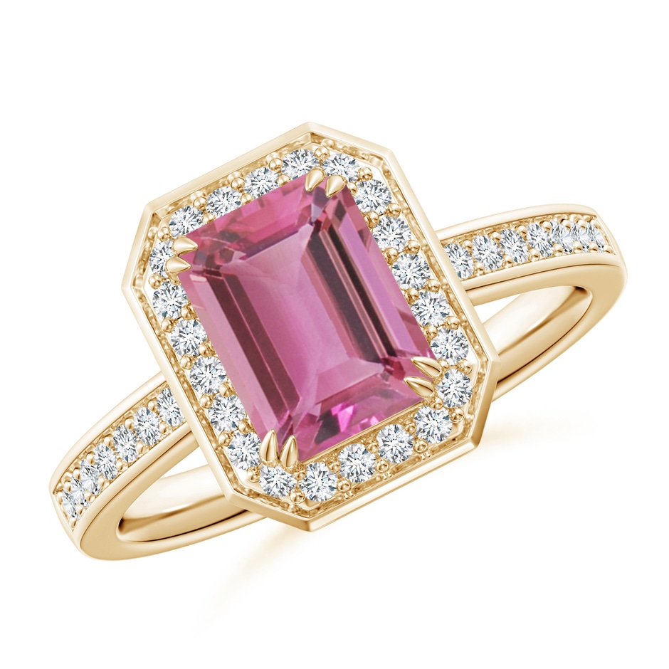 8x6mm AAA Emerald-Cut Pink Tourmaline Engagement Ring with Diamond Halo in Yellow Gold 
