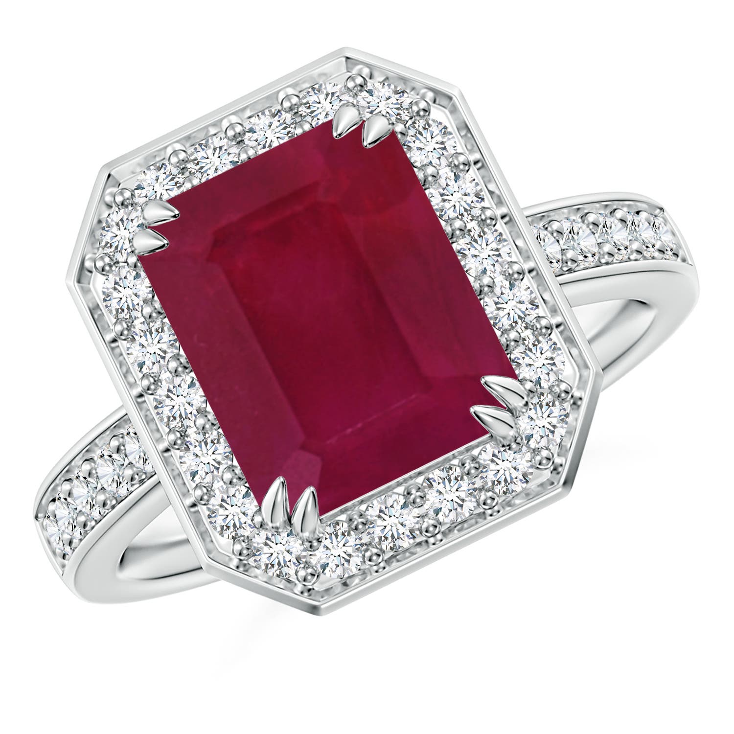 10x8mm A Emerald-Cut Ruby Engagement Ring with Diamond Halo in P950 Platinum