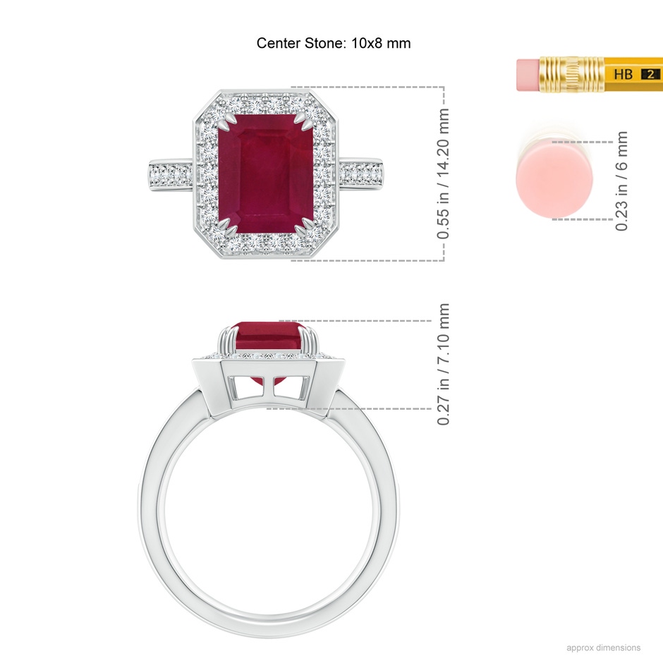 10x8mm A Emerald-Cut Ruby Engagement Ring with Diamond Halo in P950 Platinum ruler