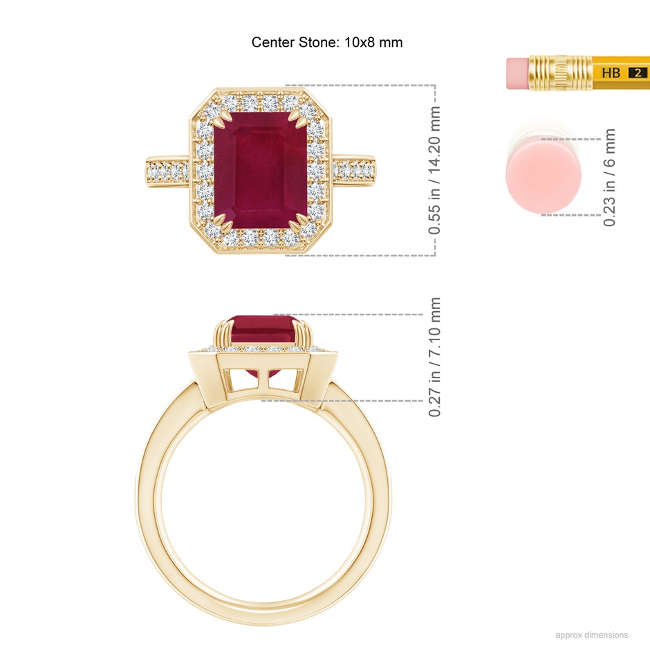 10x8mm A Emerald-Cut Ruby Engagement Ring with Diamond Halo in Yellow Gold ruler
