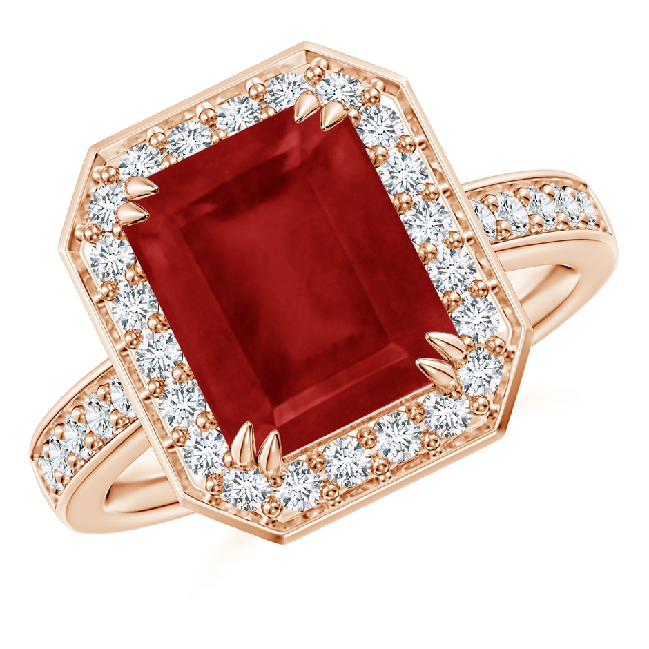 10x8mm AA Emerald-Cut Ruby Engagement Ring with Diamond Halo in Rose Gold 