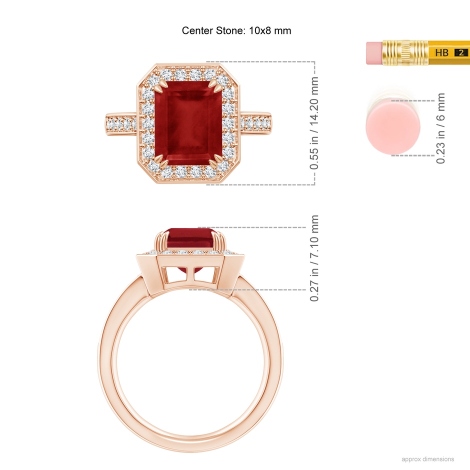 10x8mm AA Emerald-Cut Ruby Engagement Ring with Diamond Halo in Rose Gold ruler