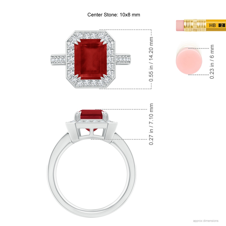 10x8mm AA Emerald-Cut Ruby Engagement Ring with Diamond Halo in White Gold ruler