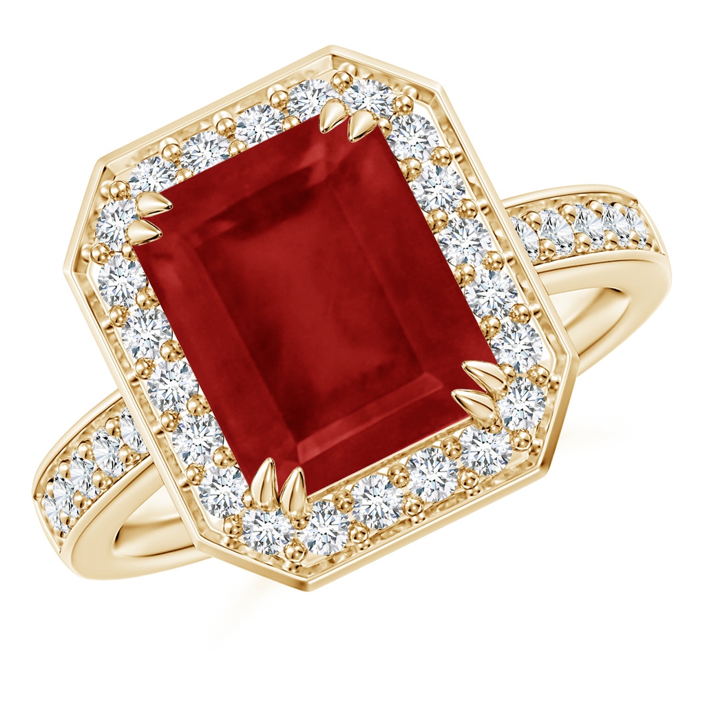 10x8mm AA Emerald-Cut Ruby Engagement Ring with Diamond Halo in Yellow Gold