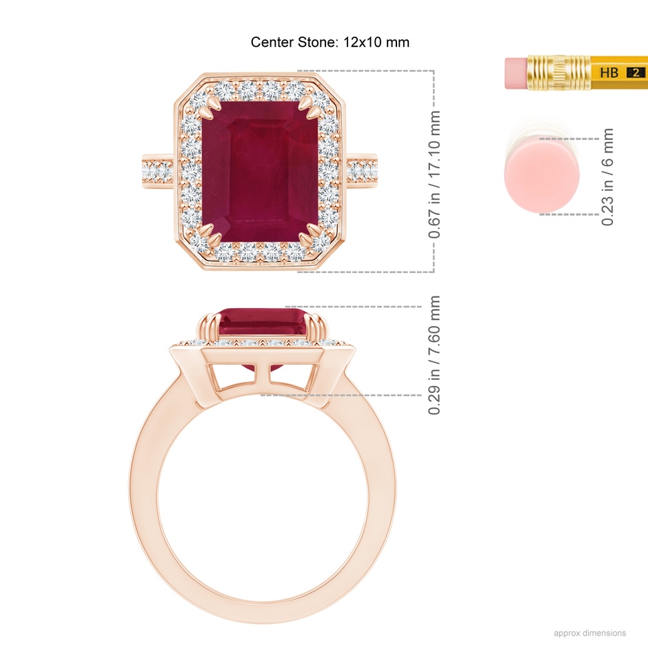 12x10mm A Emerald-Cut Ruby Engagement Ring with Diamond Halo in Rose Gold ruler