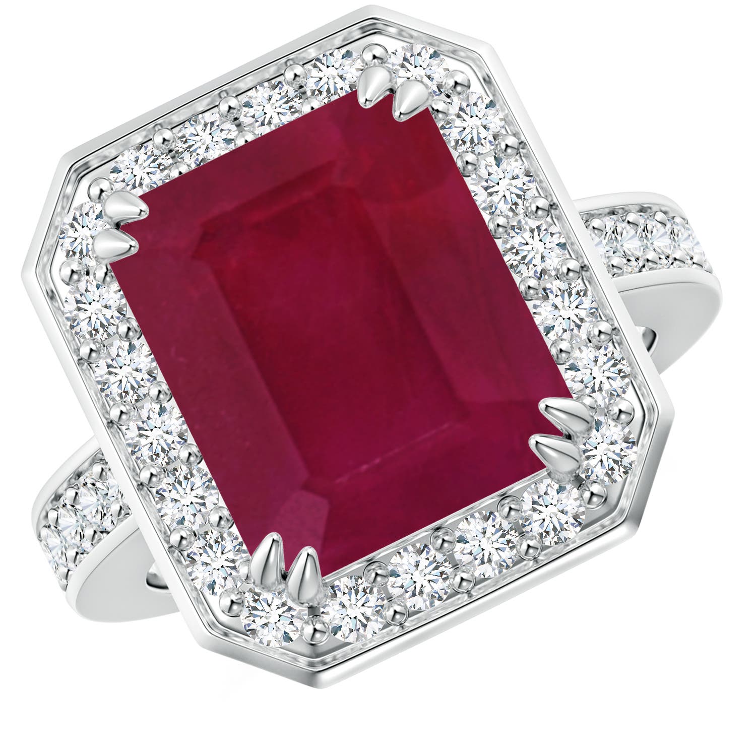 12x10mm A Emerald-Cut Ruby Engagement Ring with Diamond Halo in White Gold