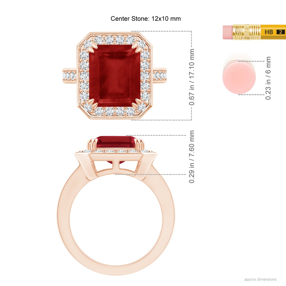 12x10mm AA Emerald-Cut Ruby Engagement Ring with Diamond Halo in 18K Rose Gold ruler