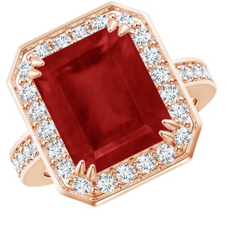 12x10mm AA Emerald-Cut Ruby Engagement Ring with Diamond Halo in Rose Gold