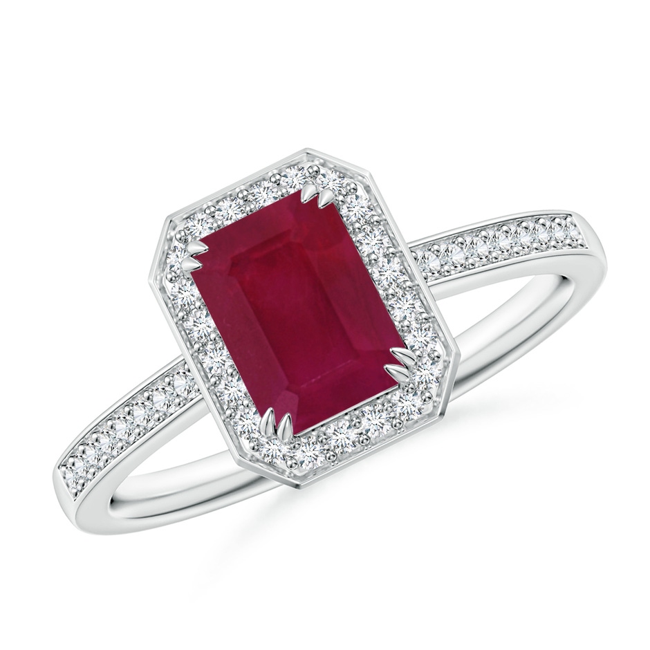 7x5mm A Emerald-Cut Ruby Engagement Ring with Diamond Halo in White Gold 
