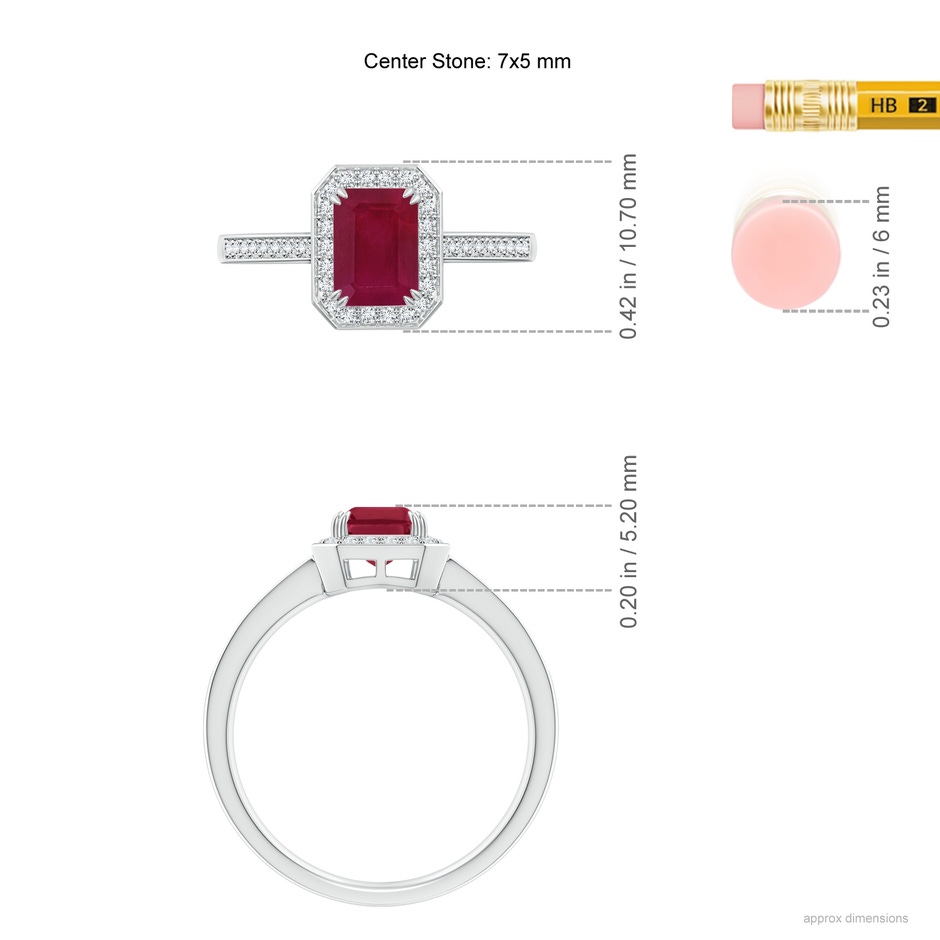 7x5mm A Emerald-Cut Ruby Engagement Ring with Diamond Halo in White Gold ruler