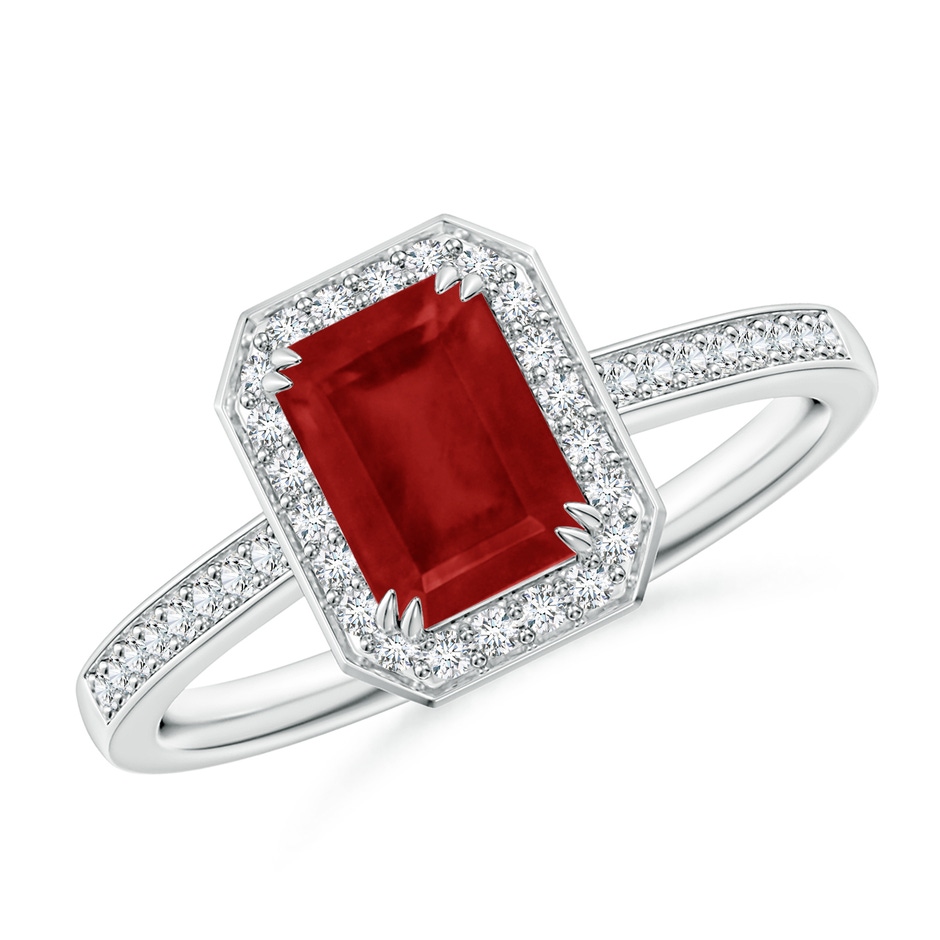 7x5mm AA Emerald-Cut Ruby Engagement Ring with Diamond Halo in P950 Platinum 