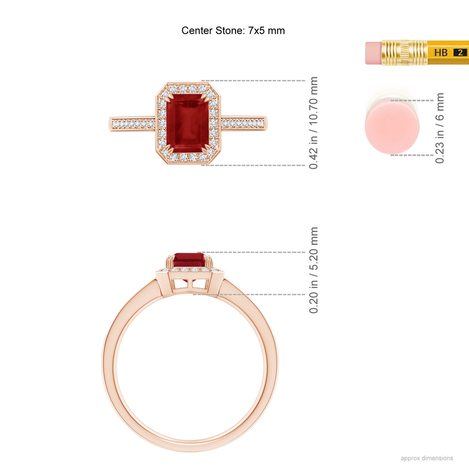 7x5mm AA Emerald-Cut Ruby Engagement Ring with Diamond Halo in Rose Gold ruler