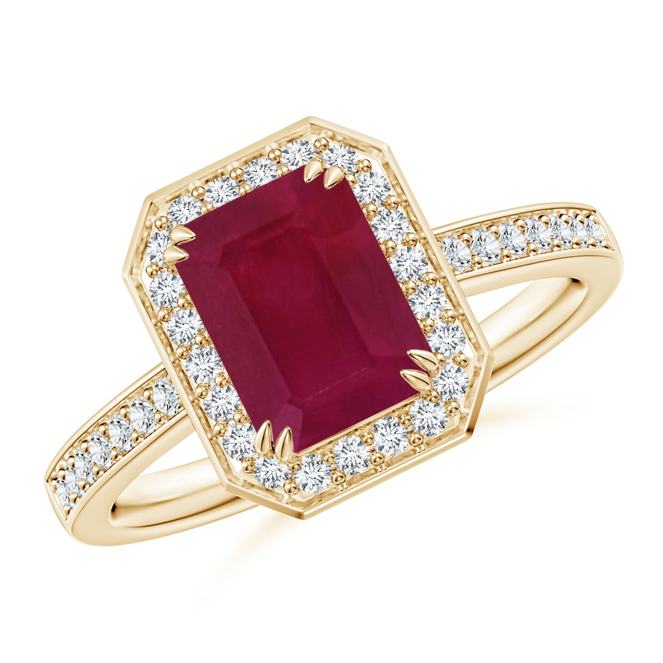 8x6mm A Emerald-Cut Ruby Engagement Ring with Diamond Halo in Yellow Gold 
