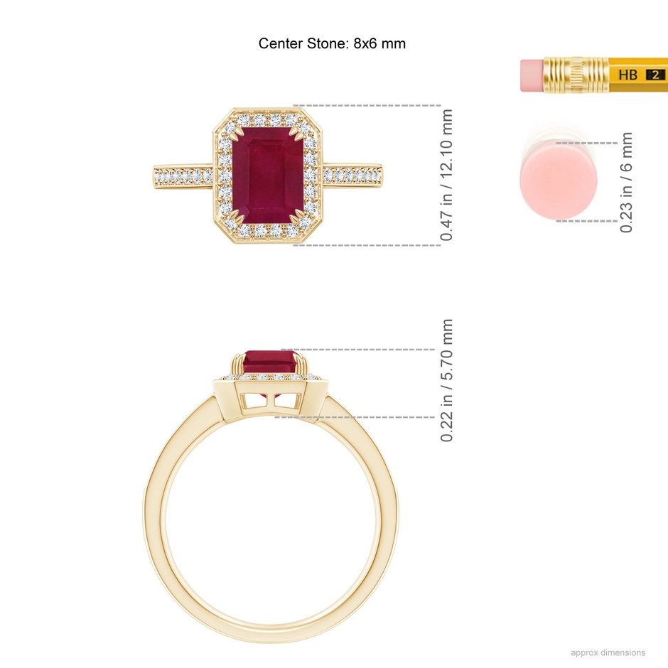 8x6mm A Emerald-Cut Ruby Engagement Ring with Diamond Halo in Yellow Gold ruler