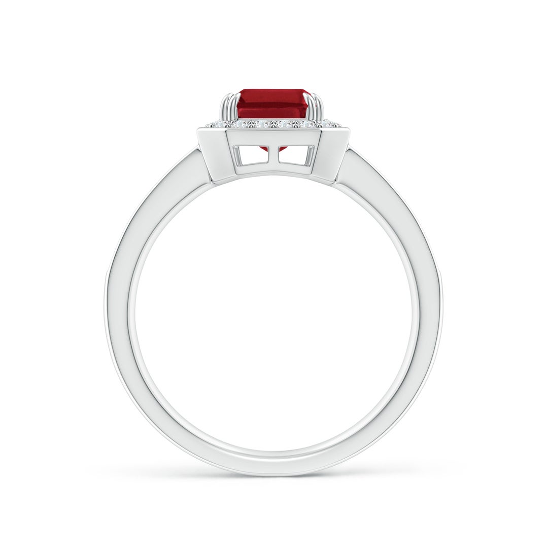 8x6mm AA Emerald-Cut Ruby Engagement Ring with Diamond Halo in White Gold - side 3