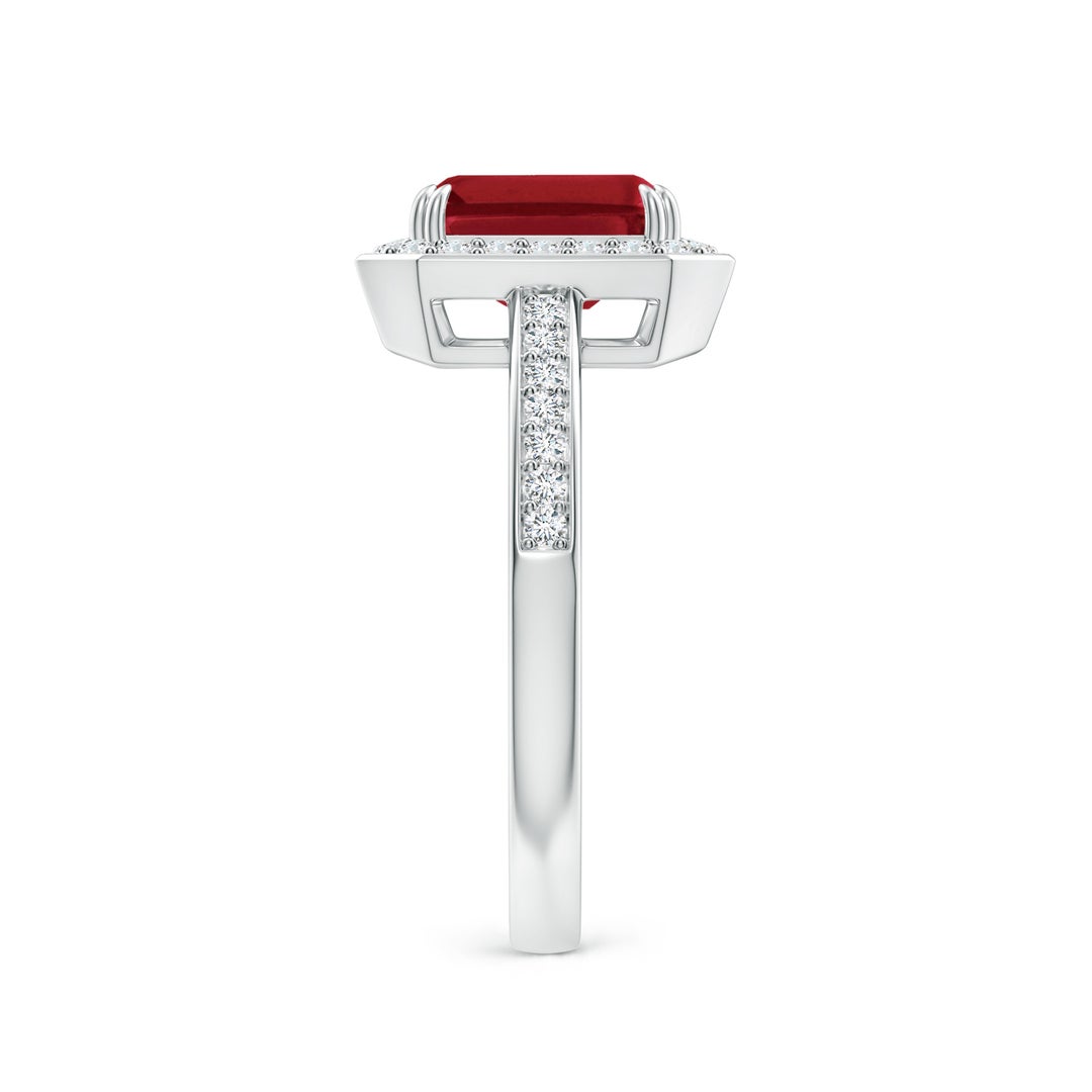 8x6mm AA Emerald-Cut Ruby Engagement Ring with Diamond Halo in White Gold - side 6