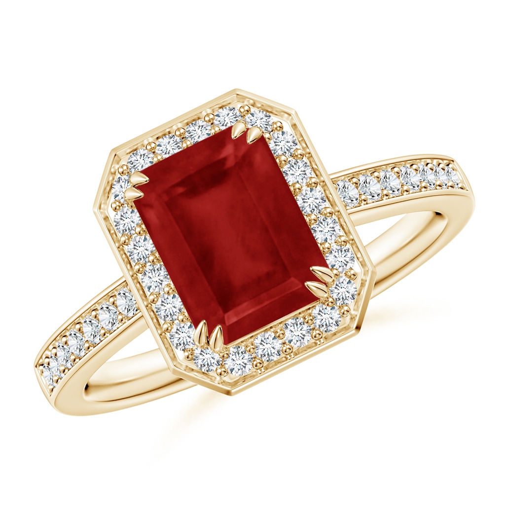 8x6mm AA Emerald-Cut Ruby Engagement Ring with Diamond Halo in Yellow Gold