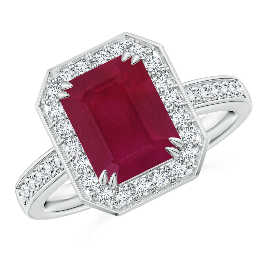 9x7mm A Emerald-Cut Ruby Engagement Ring with Diamond Halo in White Gold 