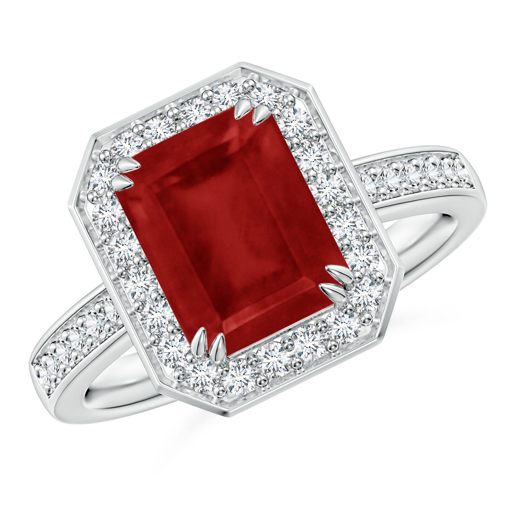 9x7mm AA Emerald-Cut Ruby Engagement Ring with Diamond Halo in White Gold