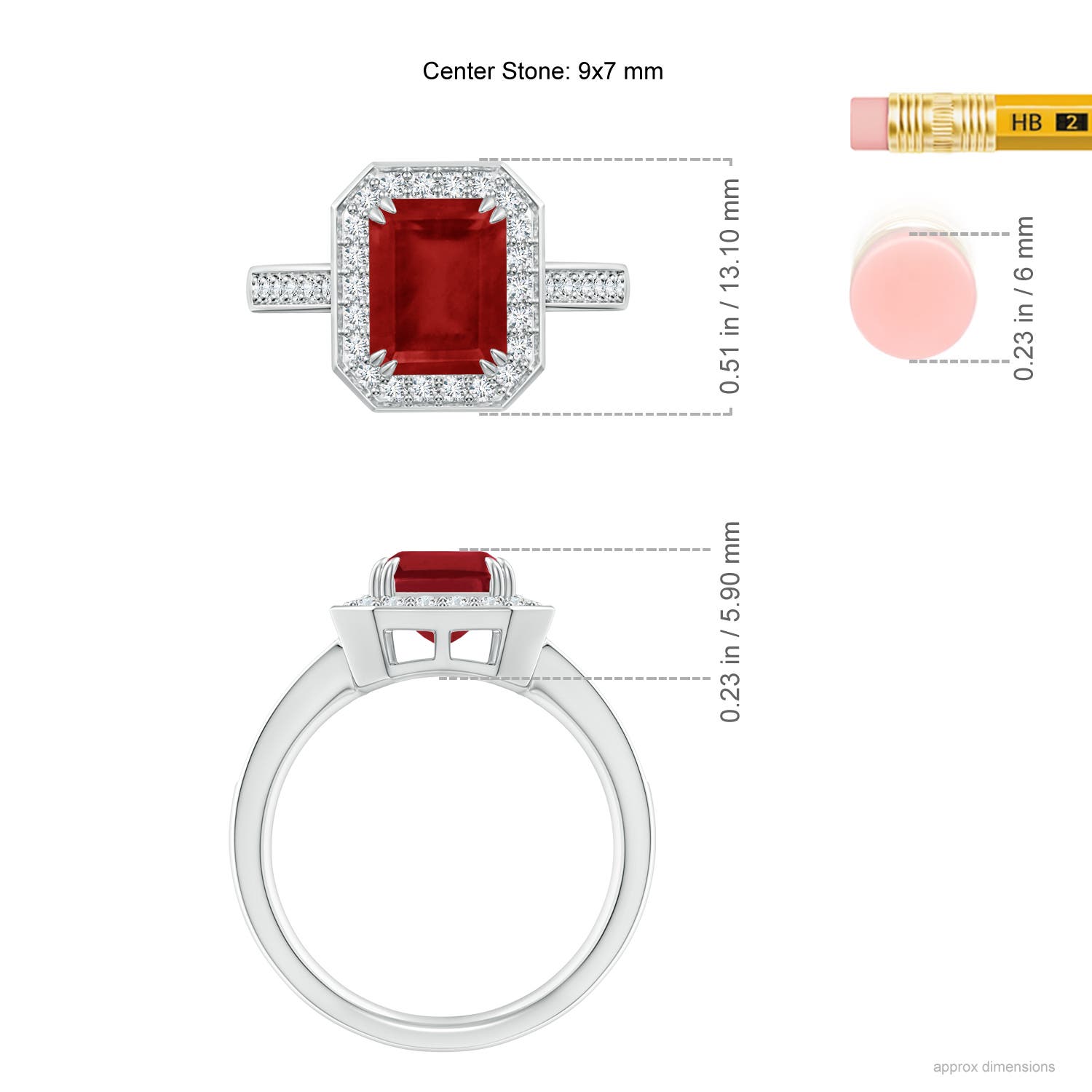 9x7mm AA Emerald-Cut Ruby Engagement Ring with Diamond Halo in White Gold - ruler